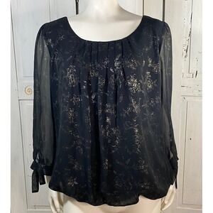 Classy Noir Black Gold Floral Foil Pleated Sheer Blouse Tie Cuff Large